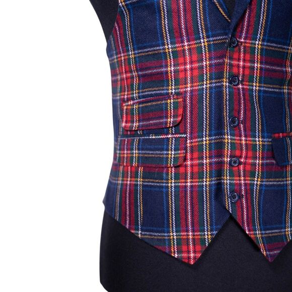 Mens Tartan Vest 40R Blue Red Green Wool Plaid Waistcoat Medium Christmas Party - Picture 7 of 10